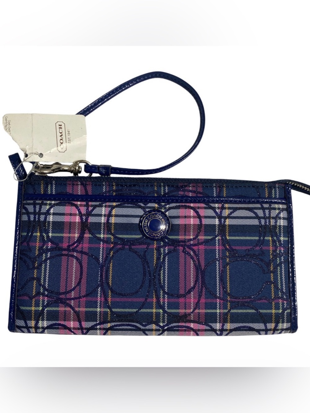 Coach Navy and Pink Plaid Signature Wristlet